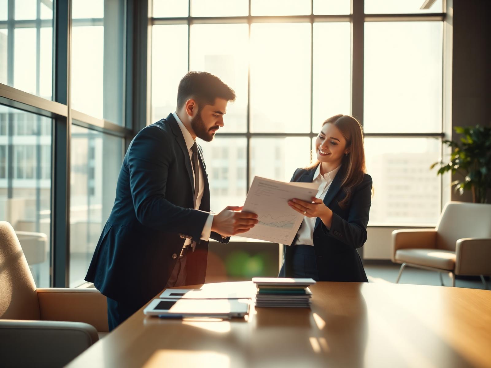 Executivos analisando relatórios contábeis em reunião de trabalho